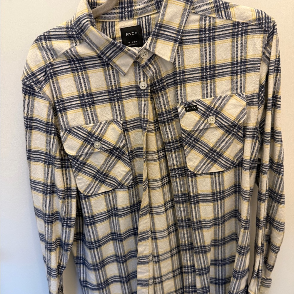 RVCA Men's Navy and Cream Checkered Shirt
